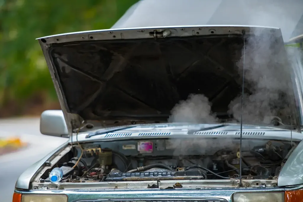 Car with hood up and engine steaming.
